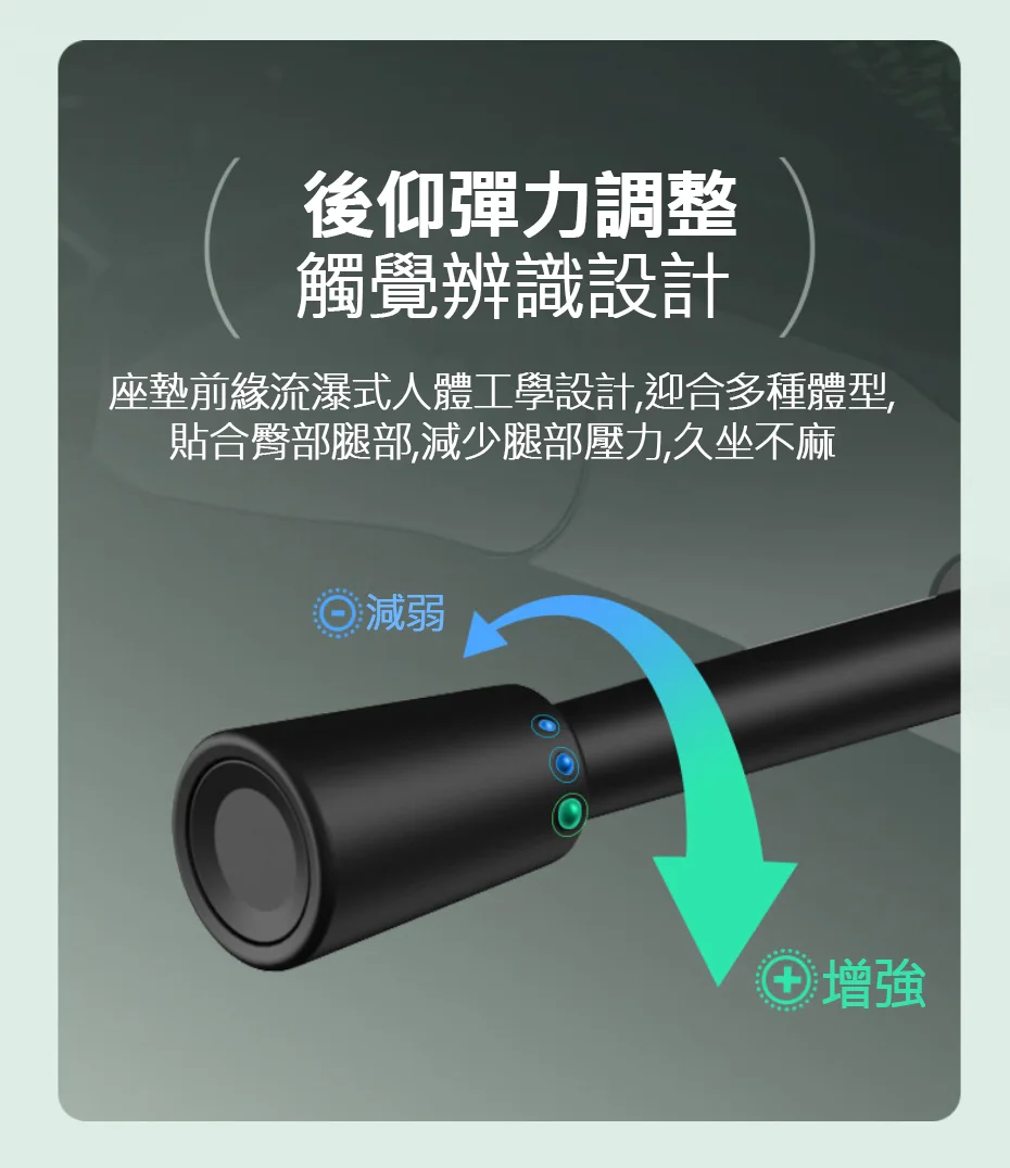 後仰彈力調整觸覺辨識設計座墊前緣流瀑式人體工學設計迎合多種體型,貼合臀部腿部,減少腿部壓力,久坐不麻減弱增強